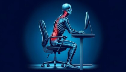 Wrong sitting posture. Workplace ergonomics Health Benefits. Office space setup. - obrazy, fototapety, plakaty