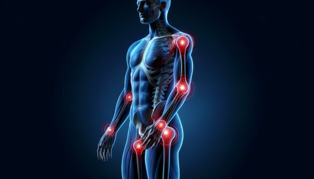  Detailed illustration showing various painful joints in the human skeletal system, highlighted against a dark blue background.