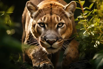 Tuinposter Golden Puma in action in the forest., generative IA © JONATAS