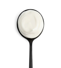 One black spoon with mayonnaise isolated on white, top view
