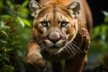 Tuinposter Golden Puma in action in the forest., generative IA © JONATAS
