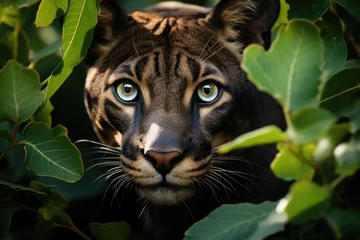 Zelfklevend Fotobehang Puma mythological emerges in the indigenous forest., generative IA © JONATAS