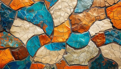 Obraz premium A detailed view of a wall constructed from vibrant and varied tiles in an array of colors, creating a visually striking pattern.