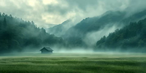 Foto op Canvas  A scenic landscape with a hut and  foggy mountain backdrop © Dada635