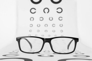 Vision test chart and glasses on white background, closeup