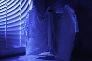 Creepy ghost. Woman covered with sheet near window in blue light