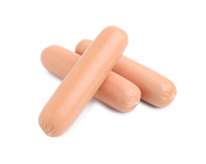 Many delicious boiled sausages on white background