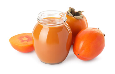 Delicious persimmon jam and fresh fruits isolated on white