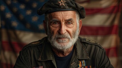 Obraz premium A portrait of a Jewish American veteran standing proudly in front of an American flag, with a subtle Star of David pin on their lapel, symbolizing a proud heritage and patriotic service
