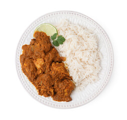 Delicious chicken curry with rice isolated on white, top view