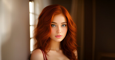 Beautiful ginger girl, closeup face. Beautiful brunette woman, portrait closeup. Face of young woman with blue eyes and wavy redhead hair. Beauty face. Model girl with curly hairstyle. Woman face.