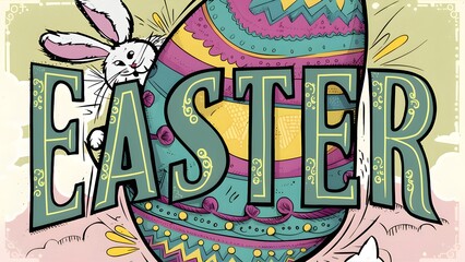Easter-themed graphic illustration featuring a fluffy rabbit in a bowtie holding a colorful Easter egg