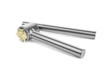 One metal press with crushed garlic isolated on white
