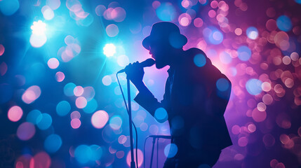Silhouette of Jazz Musician Performing at Concert with purple and blue light show