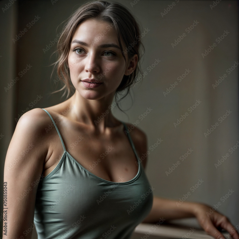 Wall mural A woman with brown hair tied back, wearing a green tank top. Portrait of a european asian woman. - Wall murals