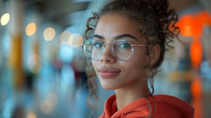 Young Woman in Clear Glasses and Red Sweatshirt Generative AI