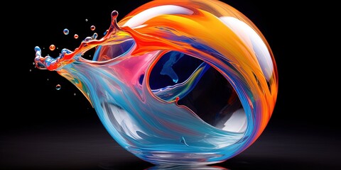 Swoosh of colors. Liquid colors swoosh in a transparent orb. some splashing out.