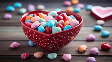 a heart shaped bowl filled with candy - Powered by Adobe