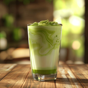Vibrant matcha latte in a clear glass, creamy swirls mixing, on a rustic wooden table