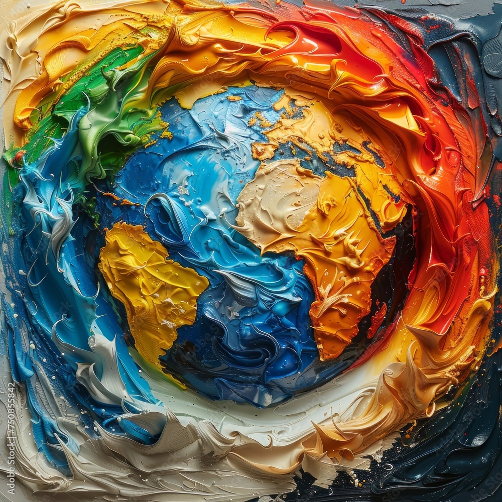 Poster abstract image: half globe and half explosion of colors generative ai