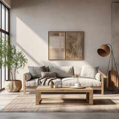 Fototapeta na wymiar A modern living room with a grey sofa, a sisal rug, and a natural wood console table