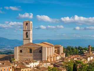 Perugia old skyline with medieval St Dominic Basilica and Umbria countryside in the background