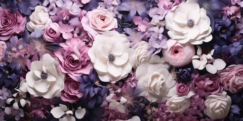 A bunch of pink and white spring flowers with soft buds on a purple background - obrazy, fototapety, plakaty