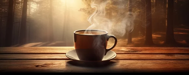  A steaming mug of coffee perched atop a warm wooden surface creates a comforting and inviting atmosphere © Влада Яковенко