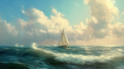 A distant sailboat navigating the gentle waves, surrounded by the serene hues of a cloud-kissed sky on a tranquil day. - obrazy, fototapety, plakaty
