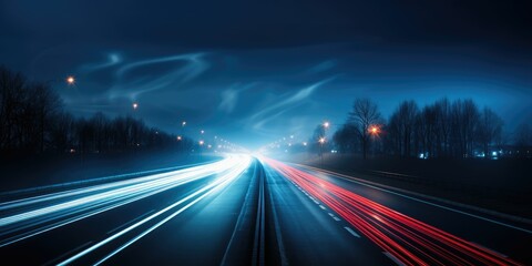 Fototapeta na wymiar A long exposure photo of a highway at night background