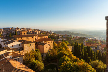 Panoramic view of Perugia historic center old and beautiful skyline at sunset