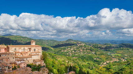 Perugia medieval historic center with Saint Augustine Church and beautiful Umbria countryside