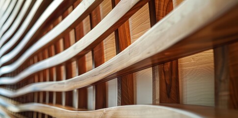 A detailed view of a simple wooden bench, showcasing its texture, grain, and craftsmanship up close.