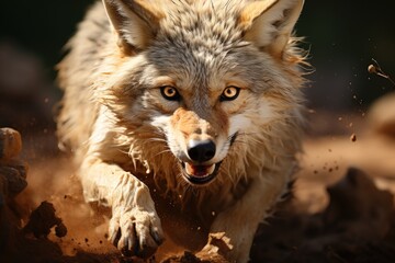 Hungry coyote in platform game, jumping obstacles., generative IA