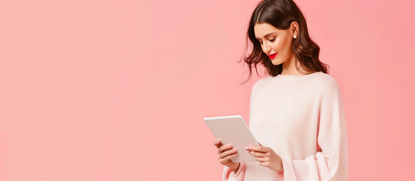 Fashionable young woman in a white sweater using a tablet on a pink background with copy space, banner advertising an ecommerce website design for online shopping