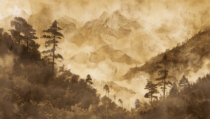 A painting depicting a majestic mountain range towering in the background while a thick forest of trees fills the foreground.