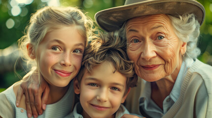 Happy old woman with her two beautiful grandkids, outdoors in daylight - obrazy, fototapety, plakaty