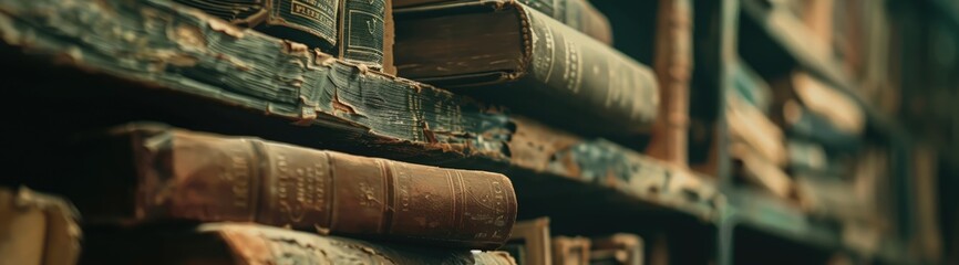 Vintage literature. Antique old books on wooden shelf. AI Generated - Powered by Adobe