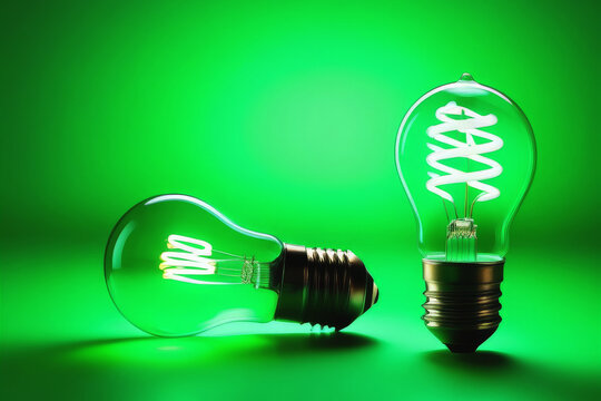 Two Electric household light bulbs on green background. Renewable Energy Environmental Protection. Ecology concept