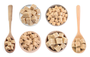 Brown sugar cubes in bowls and spoons isolated on white, top view