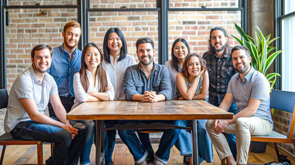 A group of smiling young and diverse professionals sit around an old wooden table - obrazy, fototapety, plakaty
