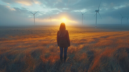 Solitary Figure Contemplating at Wind Farm at Sunset