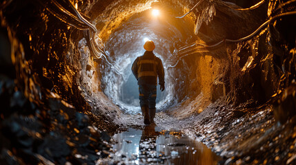 A miner working within the depths of an underground tunnel, extracting valuable resources from the earth's subterranean depths. - obrazy, fototapety, plakaty