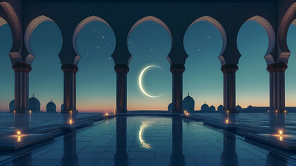 Mosque corridor opens up to dawn sky with crescent moon