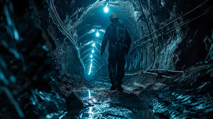 A miner working within the depths of an underground tunnel, extracting valuable resources from the earth's subterranean depths. - obrazy, fototapety, plakaty