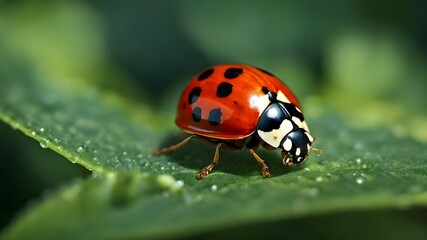 Macro photo of Ladybug in the green leaves. Macro bugs and insects world. 