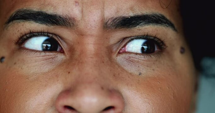 Terrified Young Black Woman in Macro Close-Up, Eyes Wildly Open and Looking Sideways, Exuding Fear and Paranoia in Intense Expression