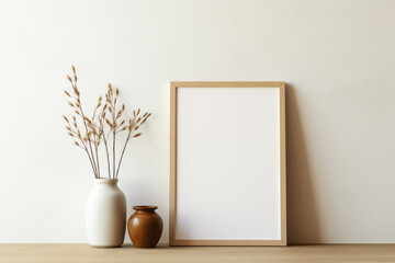 Ceramic vase with dry grass and vertical picture frame border on white minimal wall and wooden table. Mock up template product placement concept - obrazy, fototapety, plakaty
