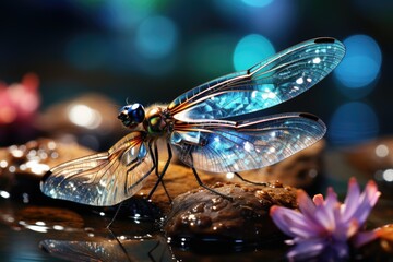 Dragonfly landing on jewelry by the lake., generative IA - obrazy, fototapety, plakaty