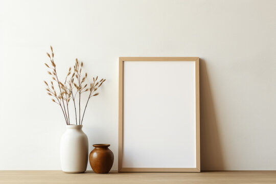 Ceramic vase with dry grass and vertical picture frame border on white minimal wall and wooden table. Mock up template product placement concept